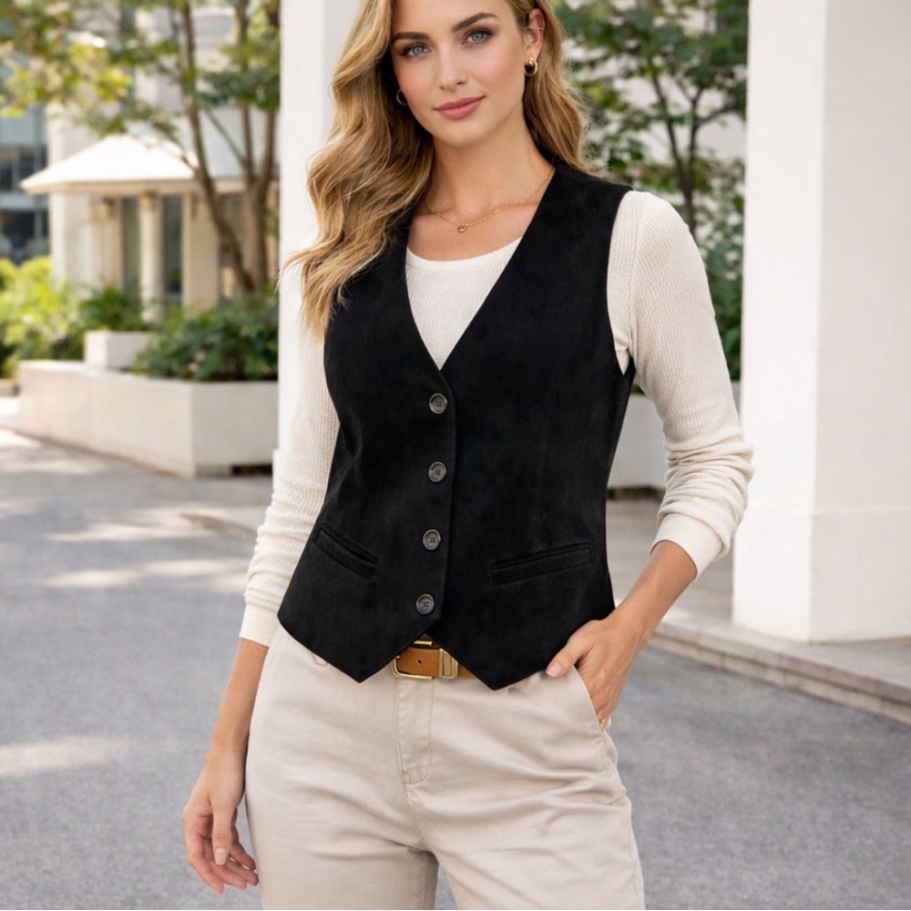 Vintage Genuine‎ Leather Suede Black Preppy Edgy Button-Up Vest Size Large